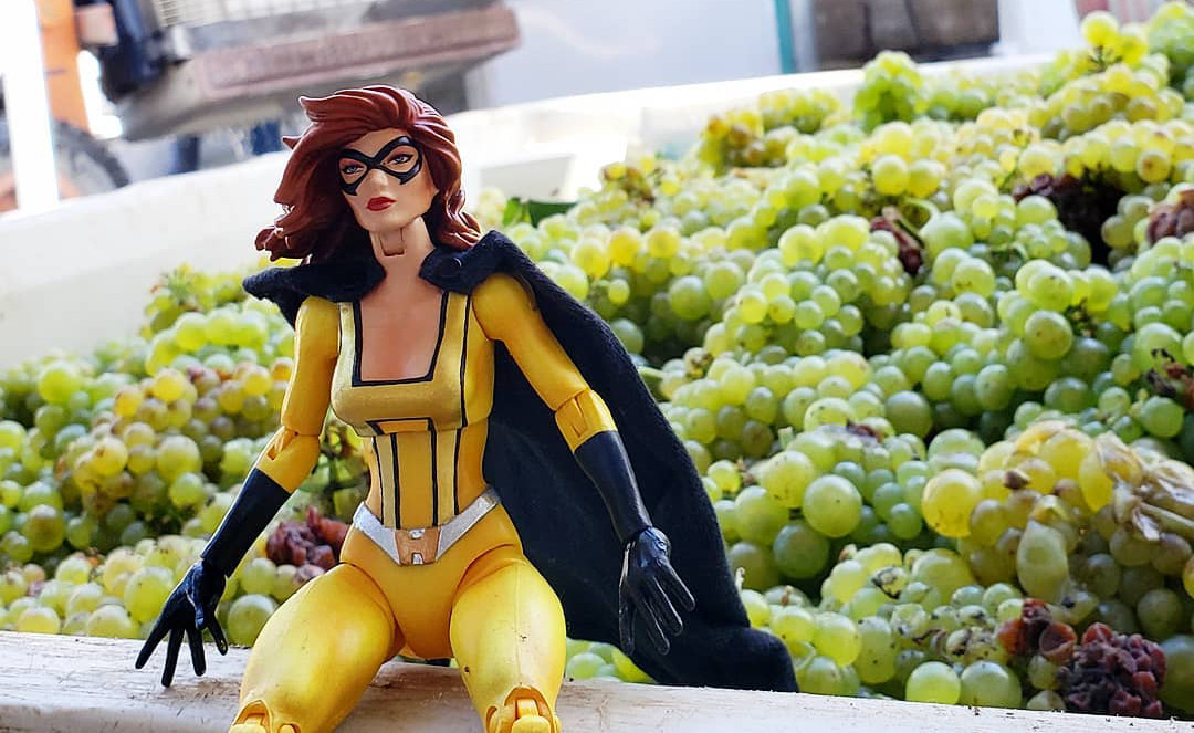Heroine Figurine sitting in front of grapes